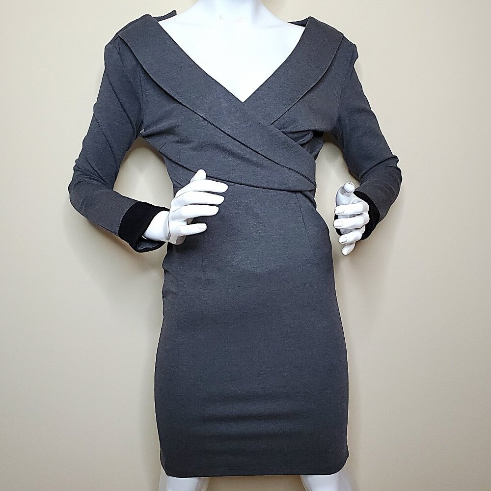 Yiyishishang Elegant Gray Long Sleeve V Neckline Midi Dress SZ S